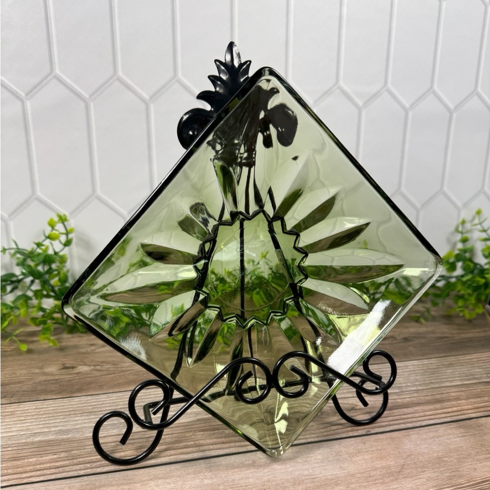 Sunflower Daisy Square Avocado Green Glass Candy Nut Dish Bowl Vintage